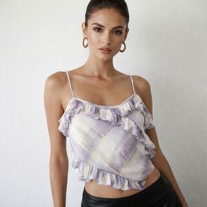 Zara Plaid Ruffle Cami Tank Top Size L Purple EUC